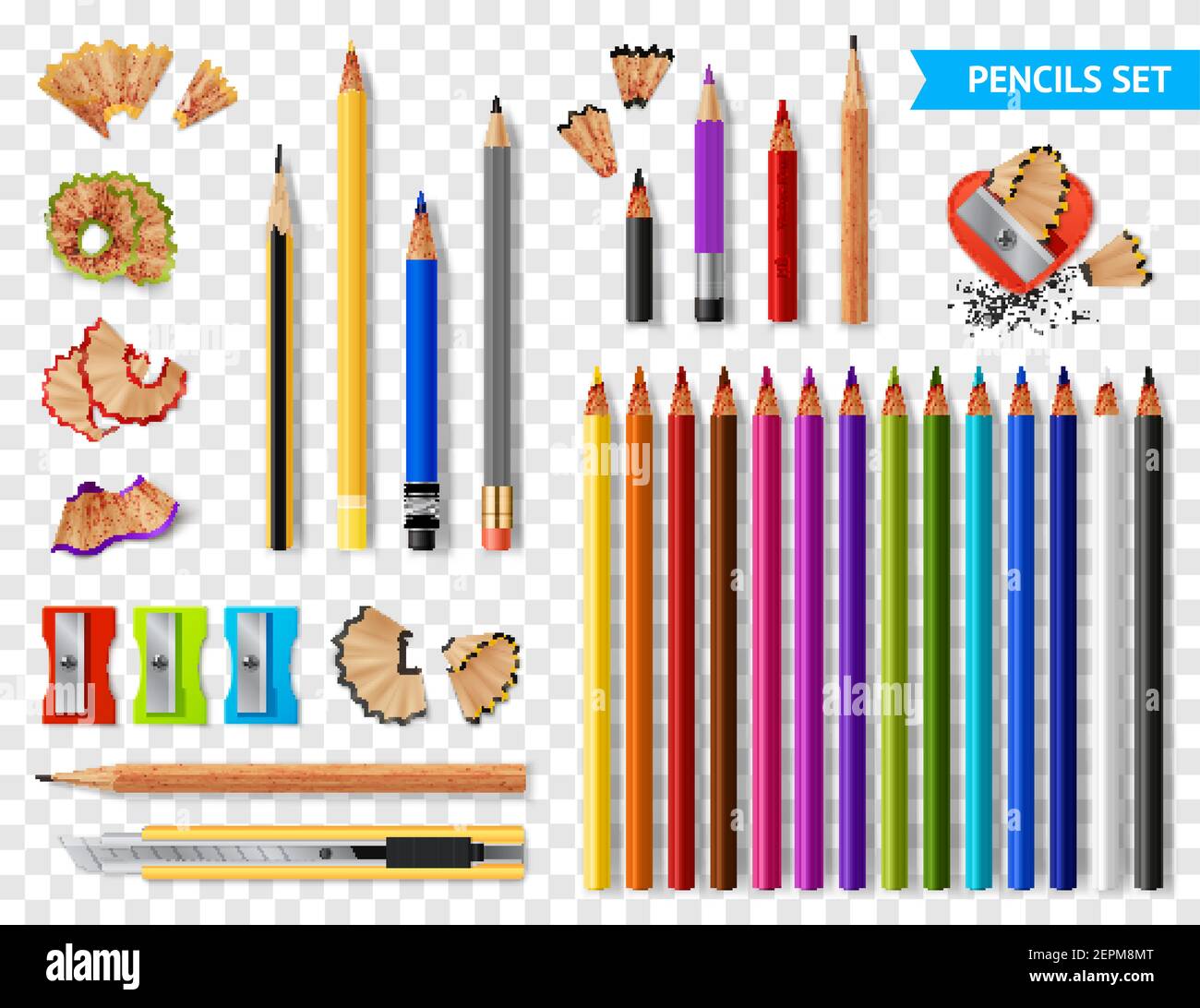 Ensemble multicolore de crayons en bois affûtés sur fond transparent avec fournit une illustration vectorielle réaliste Illustration de Vecteur