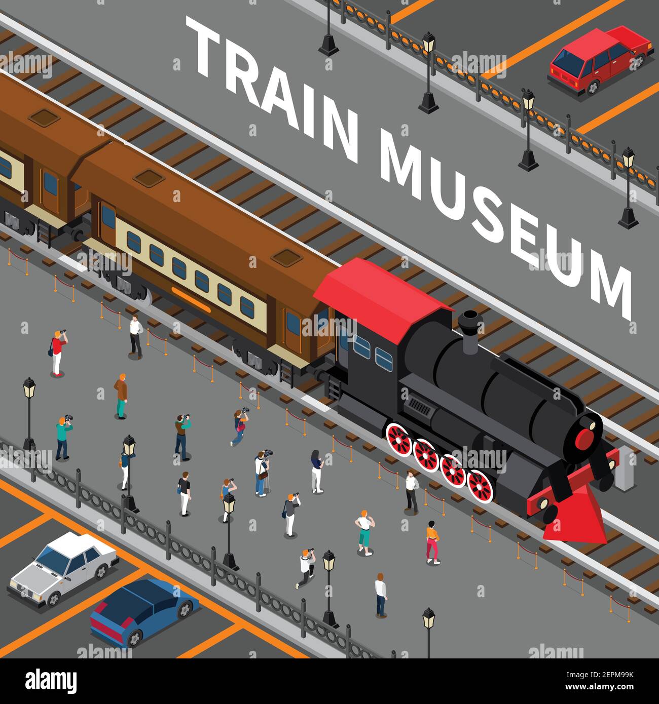 Train musée composition isométrique avec la locomotive rétro rouge noir et les vieilles voitures, les touristes pendant la photographie illustration de vecteur Illustration de Vecteur