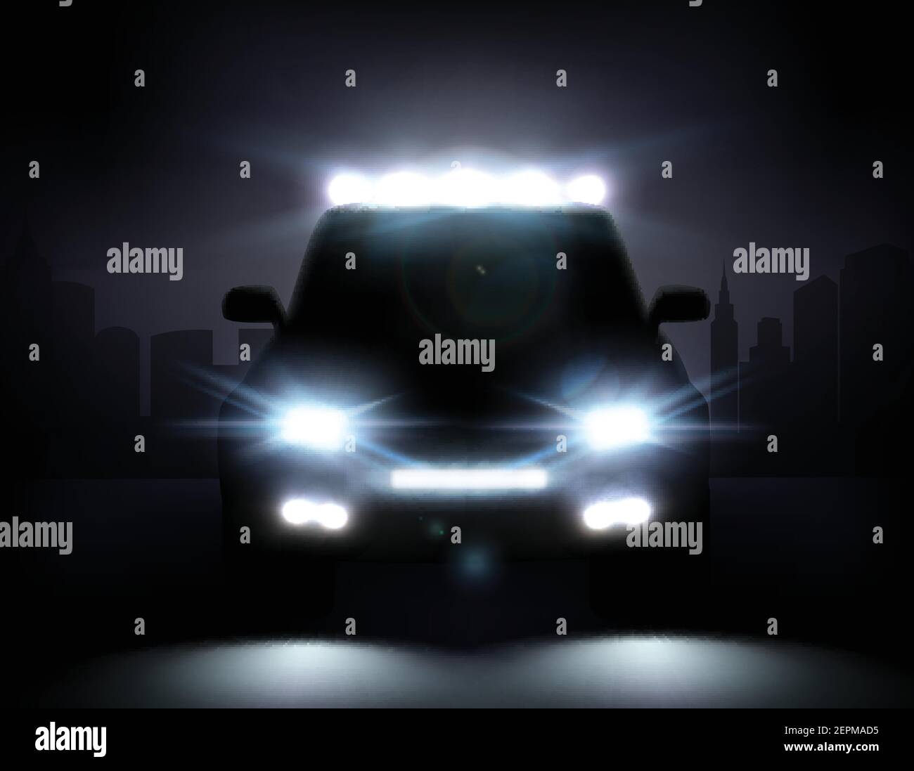 Des lumières blanches réalistes à l'avant et sur le toit de la voiture, silhouettes de bâtiments urbains illustration vectorielle Illustration de Vecteur