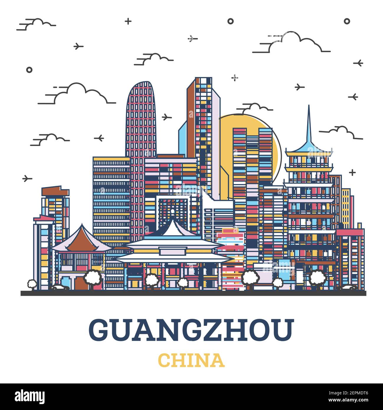 Contour Guangzhou China City Skyline avec des bâtiments modernes colorés isolés sur blanc. Illustration vectorielle. Paysage urbain de Guangzhou avec des sites touristiques. Illustration de Vecteur