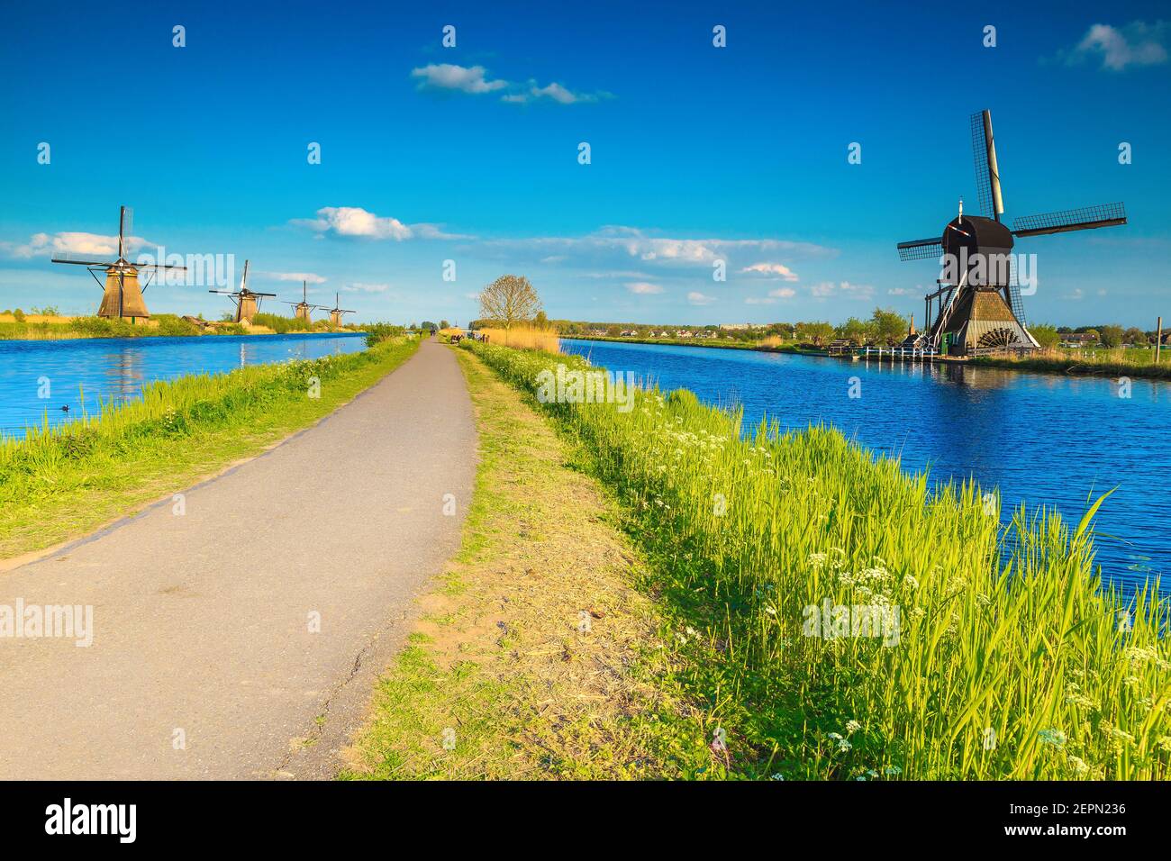 Passerelle spectaculaire et moulins à vent rustiques dans le musée Kinderdijk, pays-Bas, Europe Banque D'Images