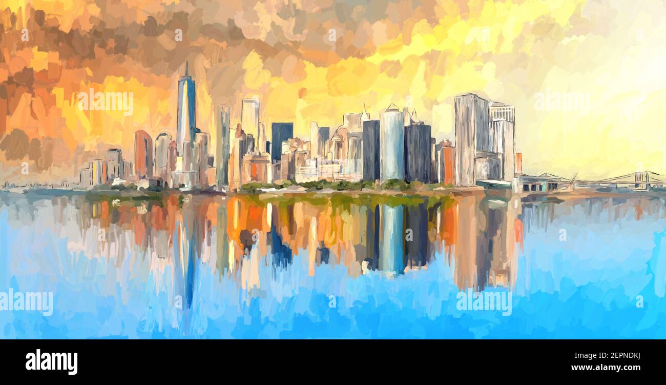 Peinture à l'huile aabstraite de New York avec effet de reflet sur l'eau Banque D'Images