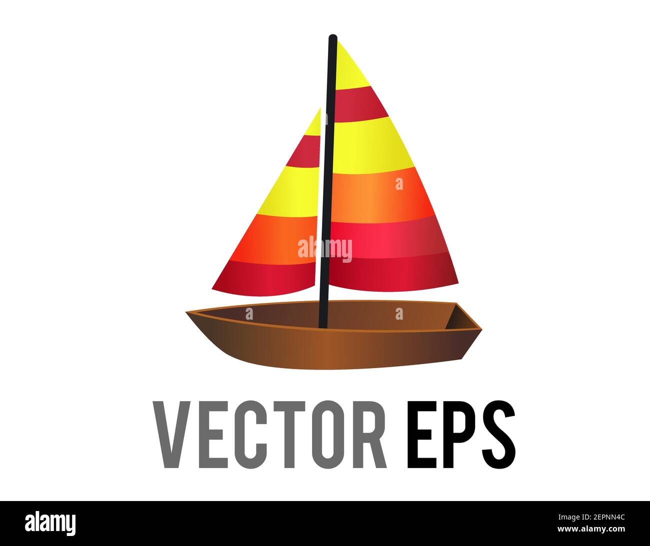 Le côté vectoriel isolé de l'icône de bateau à voile en bois brun avec mélange de voiles jaune, orange et rouge Illustration de Vecteur