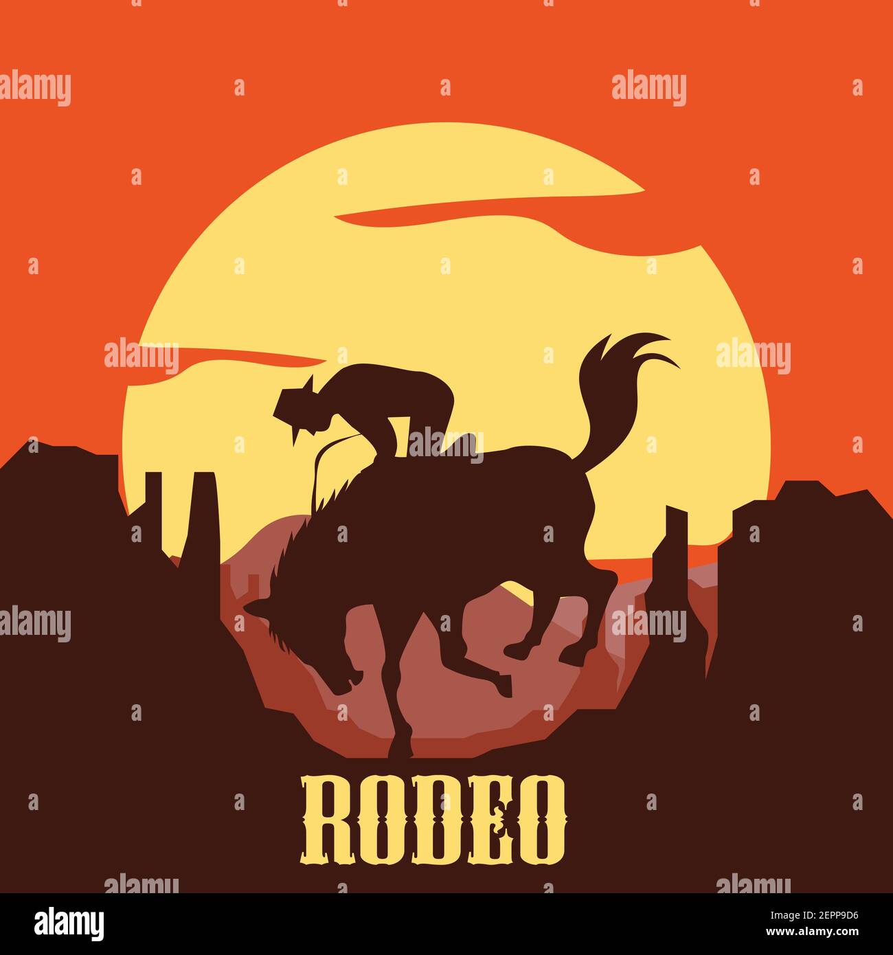 affiche de rodéo avec silhouette de cow-girl sur le cheval sauvage et le taureau. illustration vectorielle Illustration de Vecteur
