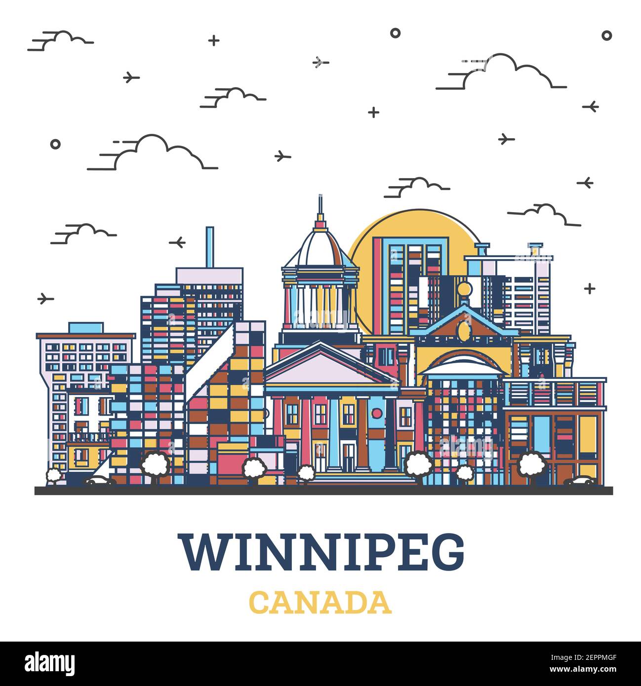 Aperçu de Winnipeg Canada City Skyline avec des édifices historiques colorés isolés sur du blanc. Illustration vectorielle. Paysage urbain de Winnipeg avec des points de repère. Illustration de Vecteur