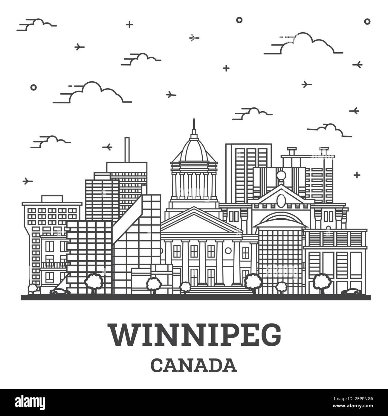 Canada Winnipeg Aperçu sur les toits de la ville avec des immeubles modernes isolé sur blanc. Vector Illustration. La Ville de Winnipeg de repères. Illustration de Vecteur
