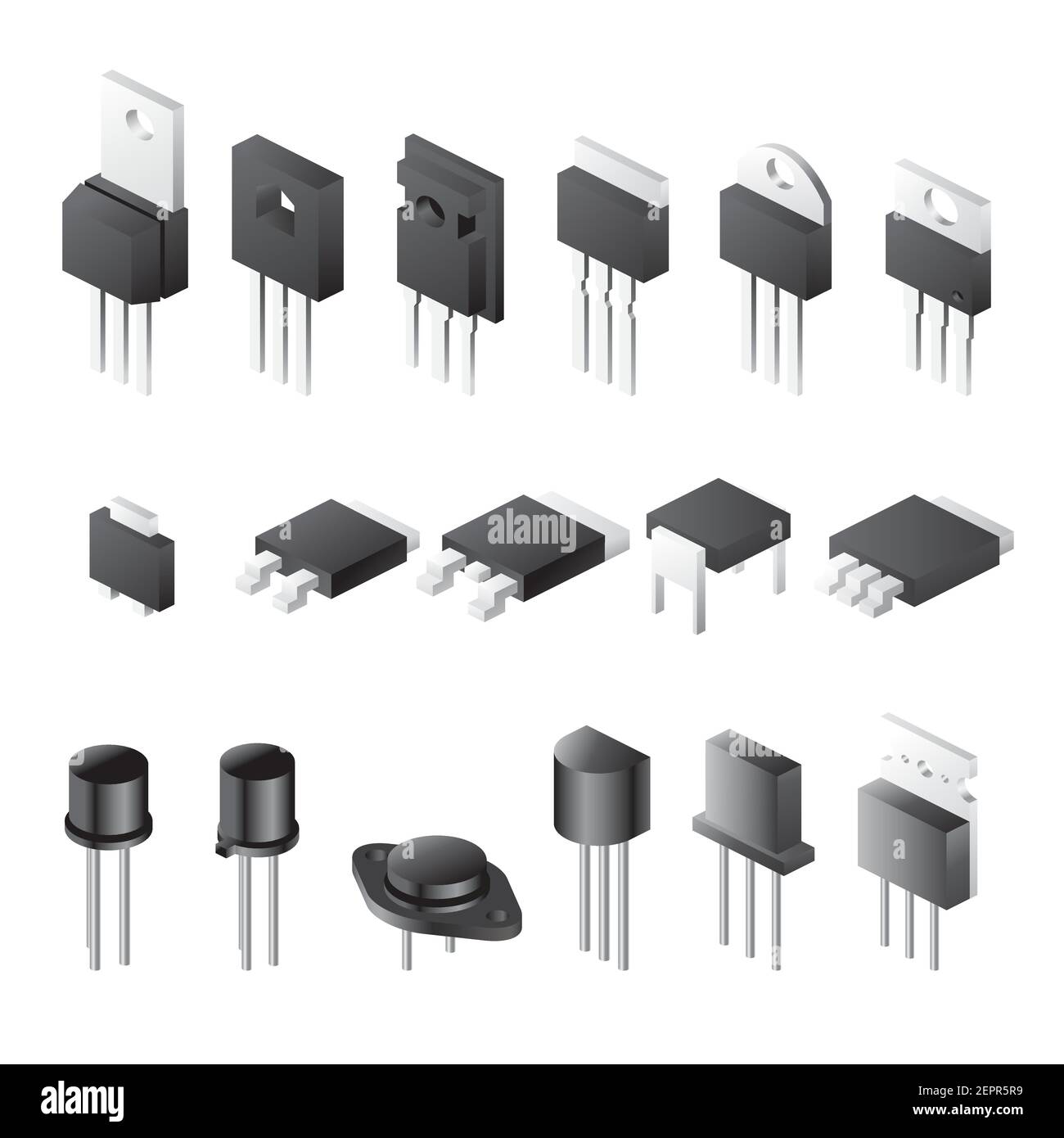 Ensemble de transistors isolé sur fond blanc. Illustration vectorielle. Composants électroniques électriques isométriques. Icônes définies. Illustration de Vecteur