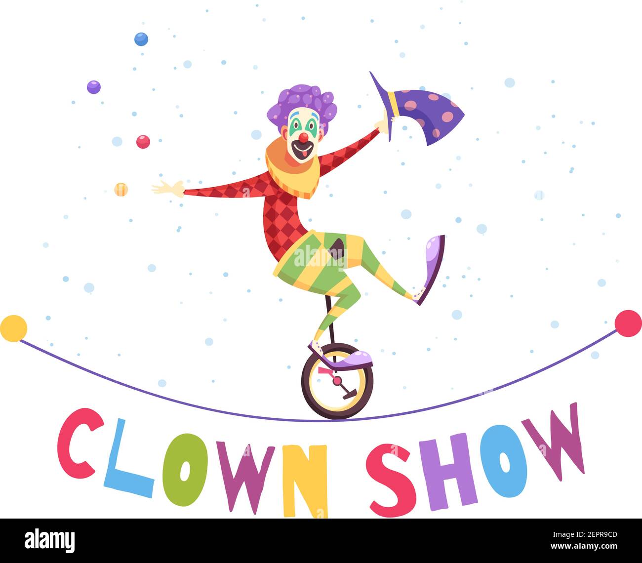 Composition du spectacle Clown avec jongleur en costume coloré sur monocycle sur la corde raide sur l'illustration du vecteur de fond clair Illustration de Vecteur