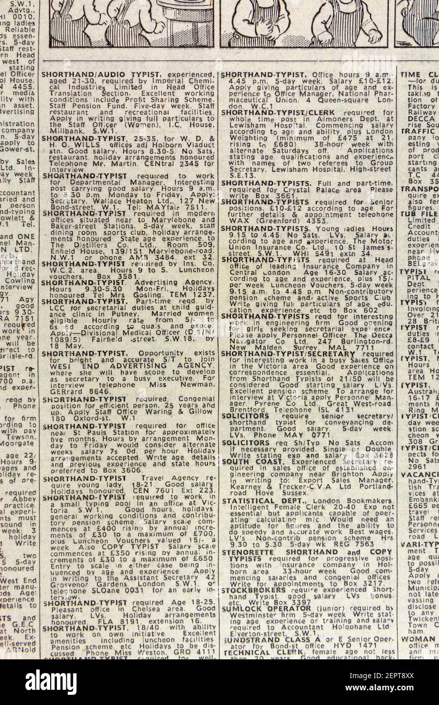 Postes vacants pour les femmes (sténographes, sténographes, avocats, etc.), Evening News Newspaper (jeudi 10 mai 1962), Londres, Royaume-Uni. Banque D'Images