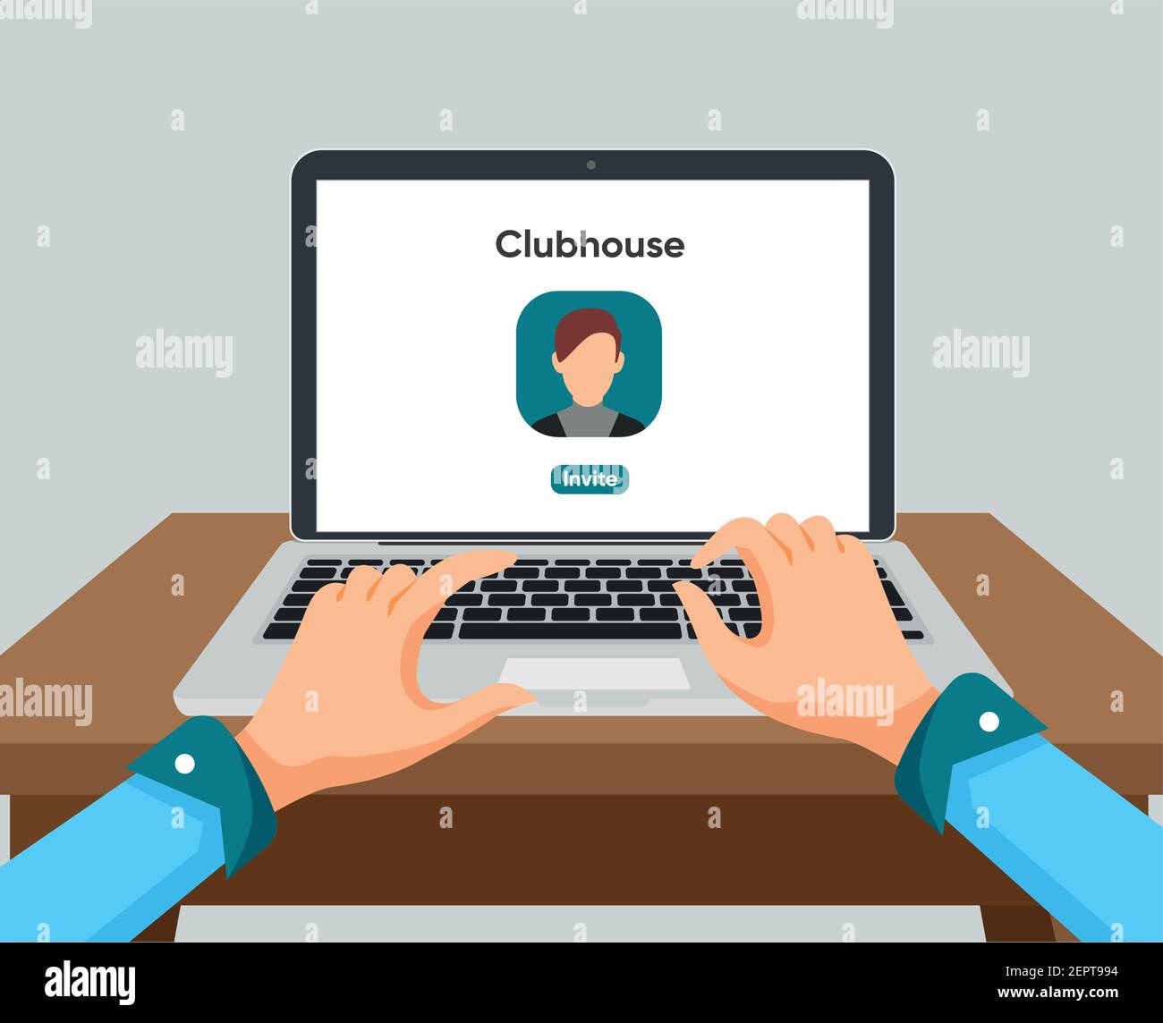 Application Clubhouse sur l'ordinateur portable. Personne tapant envoyant une invitation à Clubhouse Illustration de Vecteur