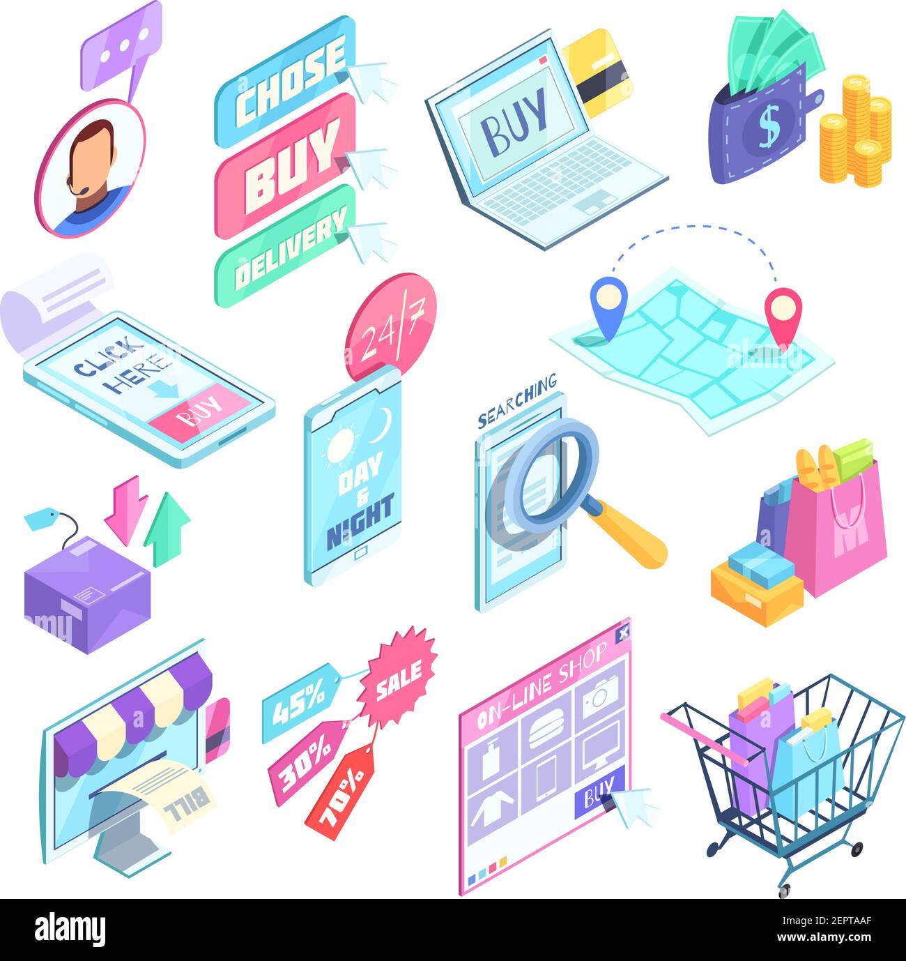 Internet shopping ensemble d'icônes isométriques avec recherche et choix de produits, achat en ligne, illustration vectorielle isolée Illustration de Vecteur