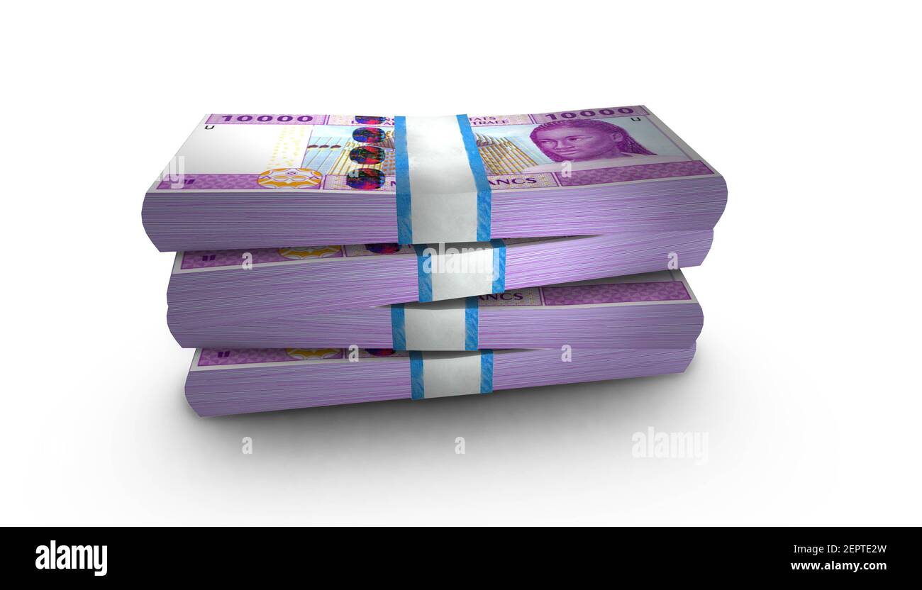 Illustration 3D de 10000 piles de billets CFA d'Afrique de l'Ouest arrière-plan Banque D'Images