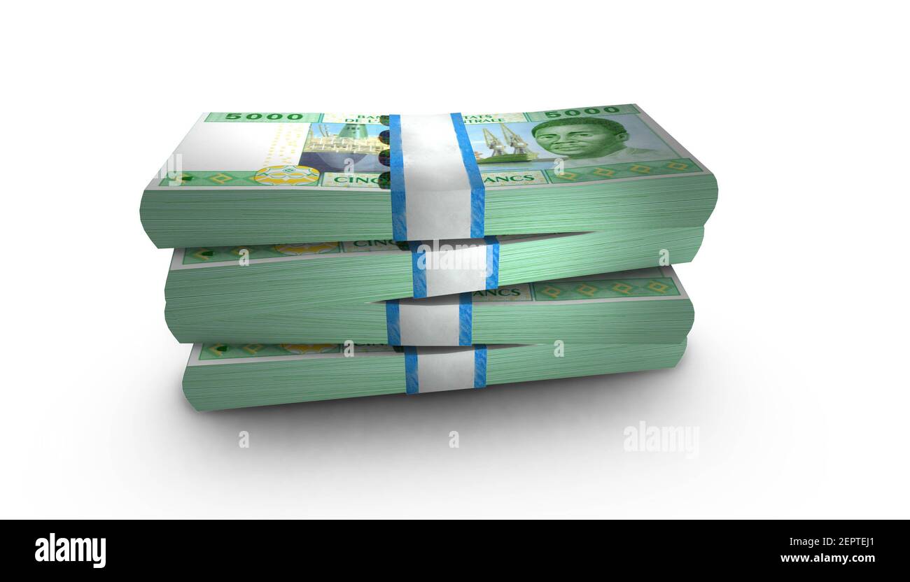 Illustration 3D de 5000 piles de billets CFA d'Afrique de l'Ouest arrière-plan Banque D'Images