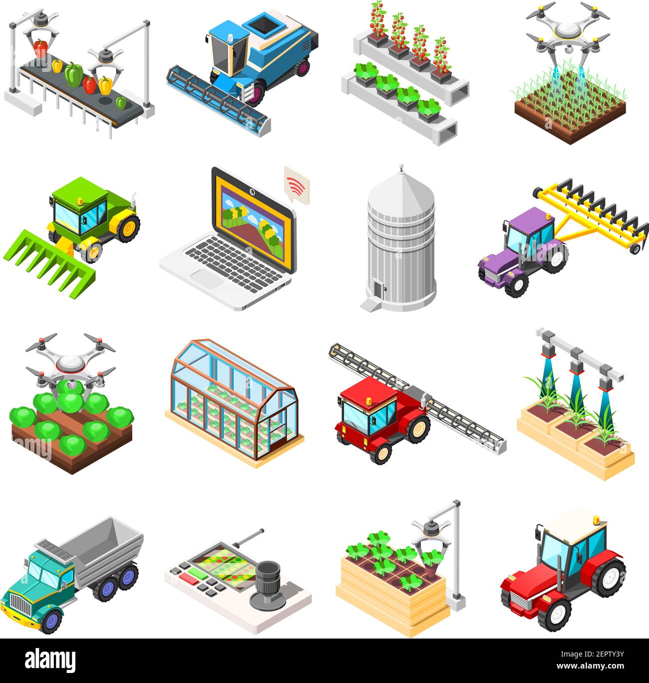 Icônes isométriques agricoles ensemble de robots télécommandés utilisés pour illustration du vecteur isolé de labourage de culture de récolte Illustration de Vecteur