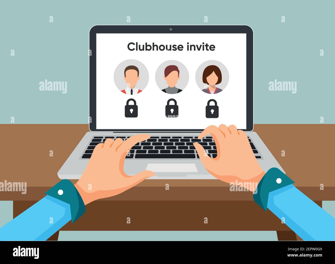 Application Clubhouse sur l'ordinateur portable. Personne tapant envoyant une invitation à Clubhouse Illustration de Vecteur