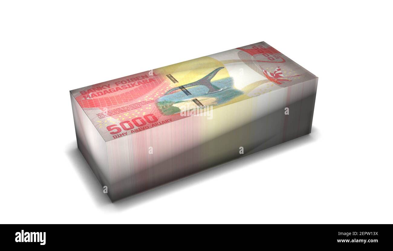 Illustration 3D de Madagascar 5000 Ariary bills stacks arrière-plan Banque D'Images