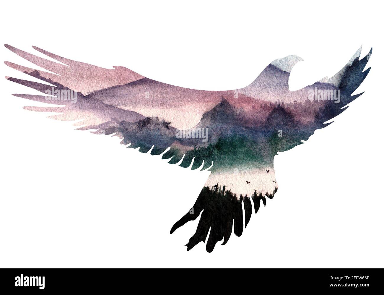 Silhouette d'oiseau aigle sur fond de forêt. Profil isolé. Illustration aquarelle. Conception. Portrait d'un animal. Faune. Doubles expos. Multiples Banque D'Images