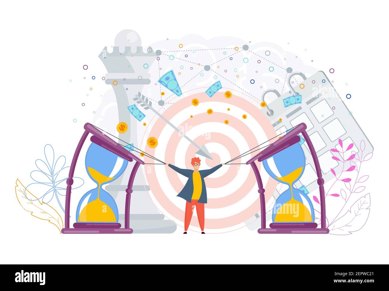 Un petit homme se plie à un grand sablier. Concept d'horaire flexible. Illustration de Vecteur