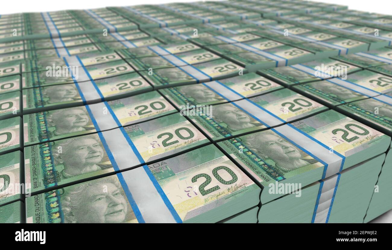 Illustration 3D de l'arrière-plan des piles de billets en dollars canadiens de 20 Banque D'Images