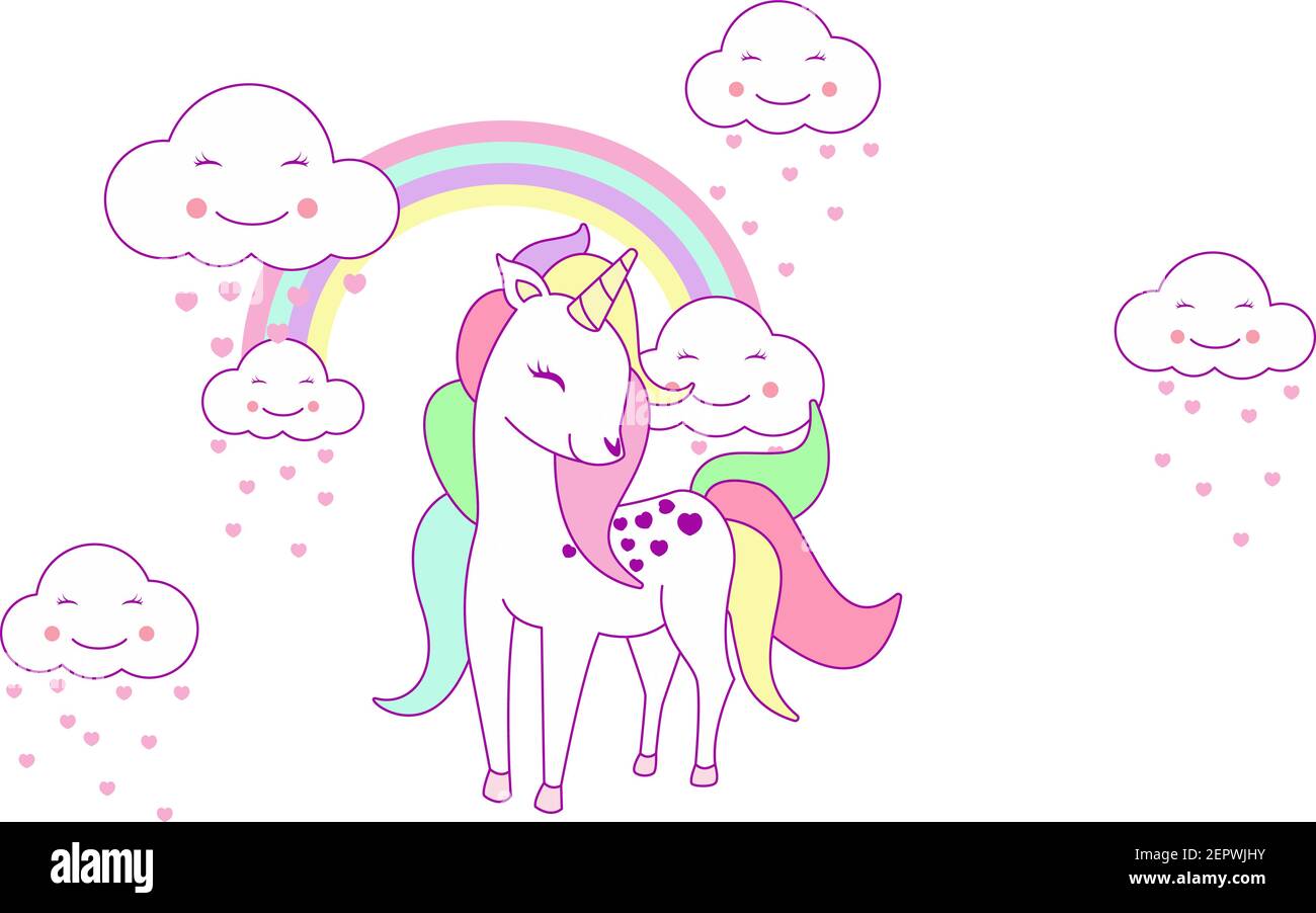 Illustration vectorielle d'une jolie licorne avec arc-en-ciel dans le style kawaii. Licorne sur les nuages avec arc-en-ciel Illustration de Vecteur