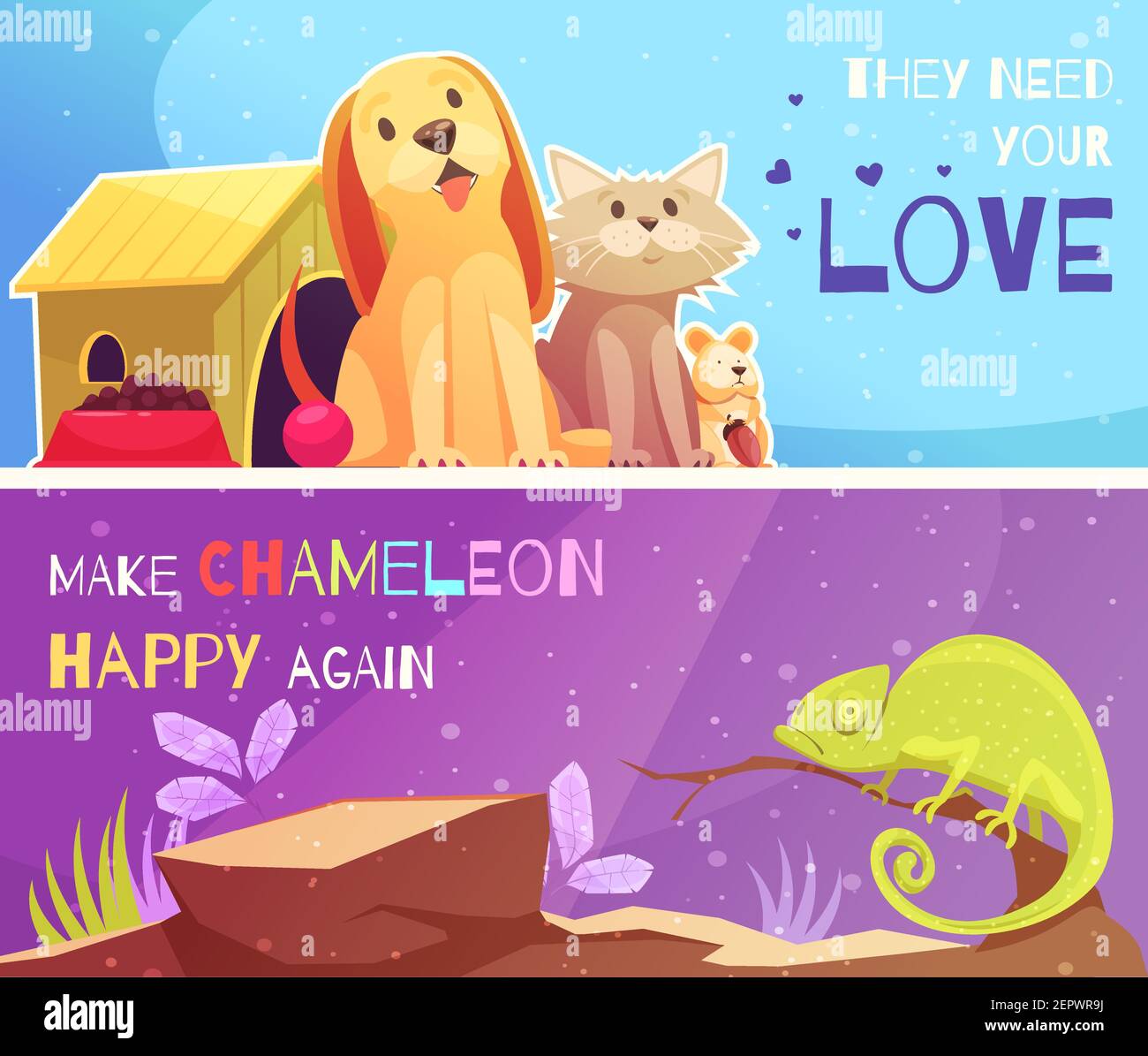 Magasin pour animaux de compagnie 2 bannières horizontales avec hamster chat chien illustration vectorielle amusante caméléon et texte isolé Illustration de Vecteur