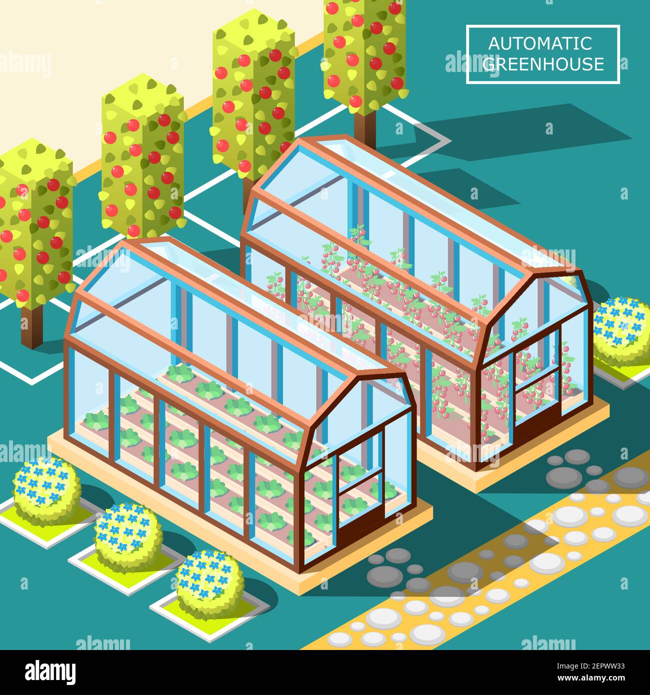 Robots agricoles affiche isométrique avec deux serres automatiques en verre pour illustration vectorielle de légumes et de fruits biologiques en croissance Illustration de Vecteur