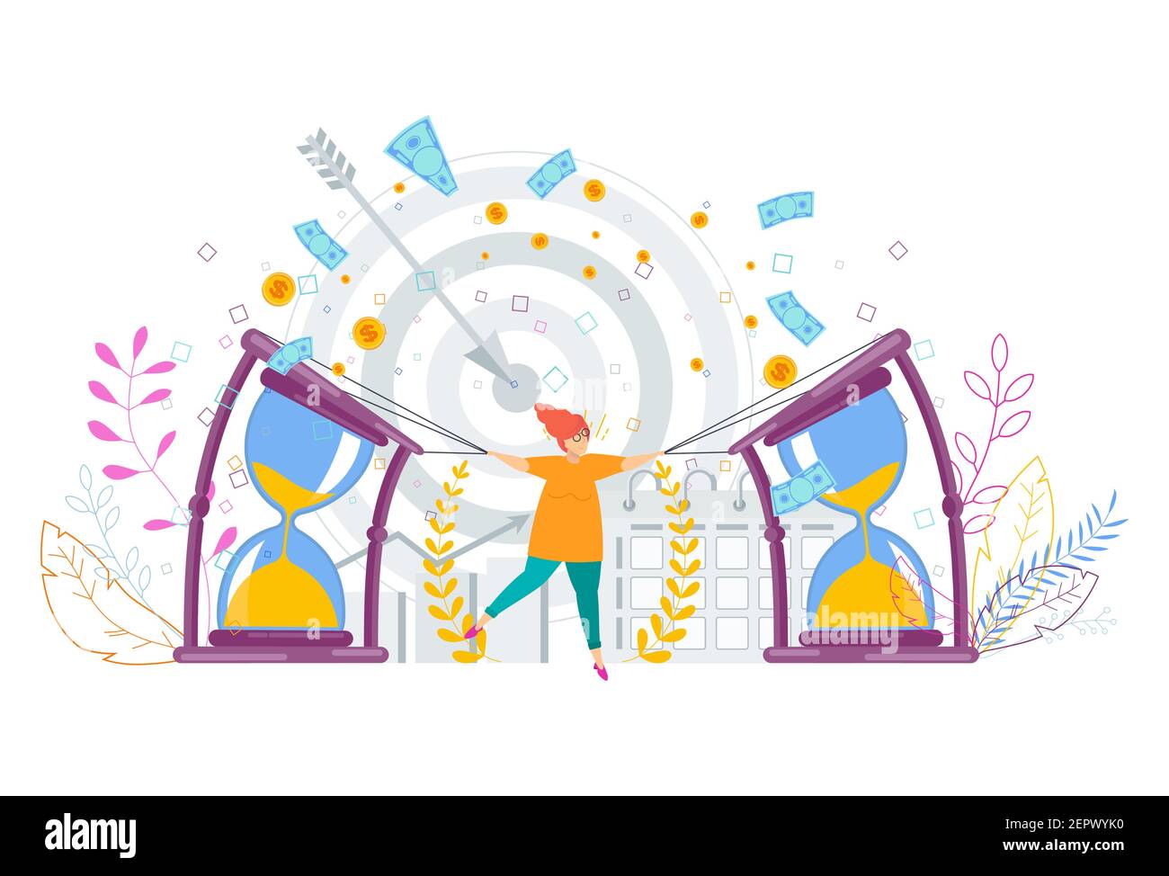 Un petit homme se plie à un grand sablier. Concept d'horaire flexible. Illustration de Vecteur
