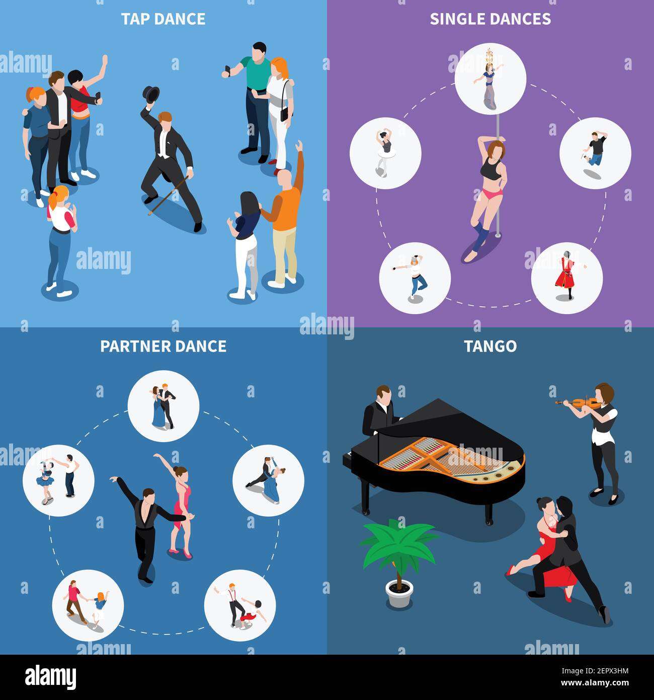 Danse unique et partenaire concept de conception isométrique avec musiciens, interprètes de tango et de robinet, illustration vectorielle isolée Illustration de Vecteur