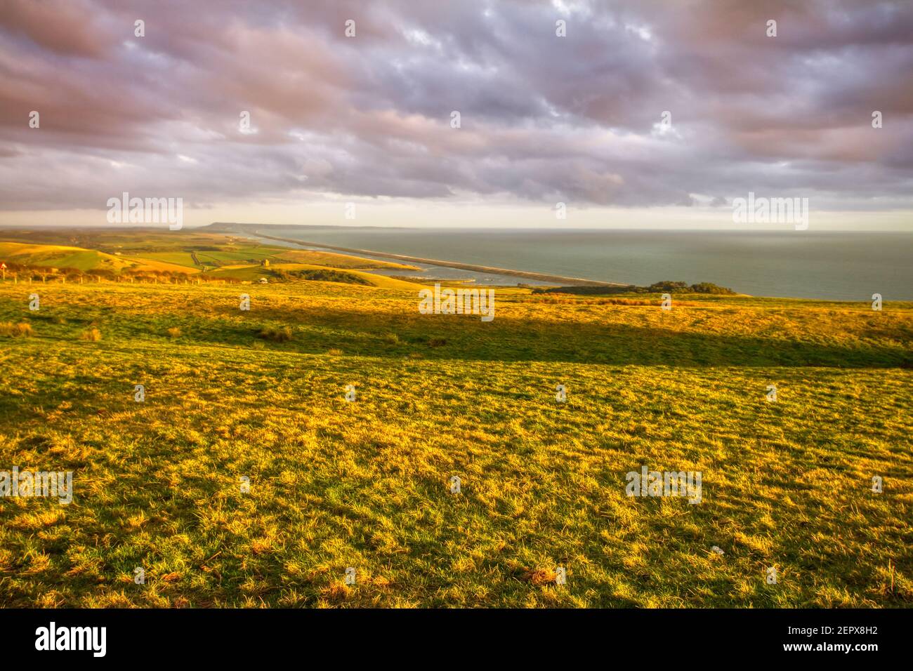 Flat Earth - vue sur la plage de Chesil et Portland, Dorset Banque D'Images
