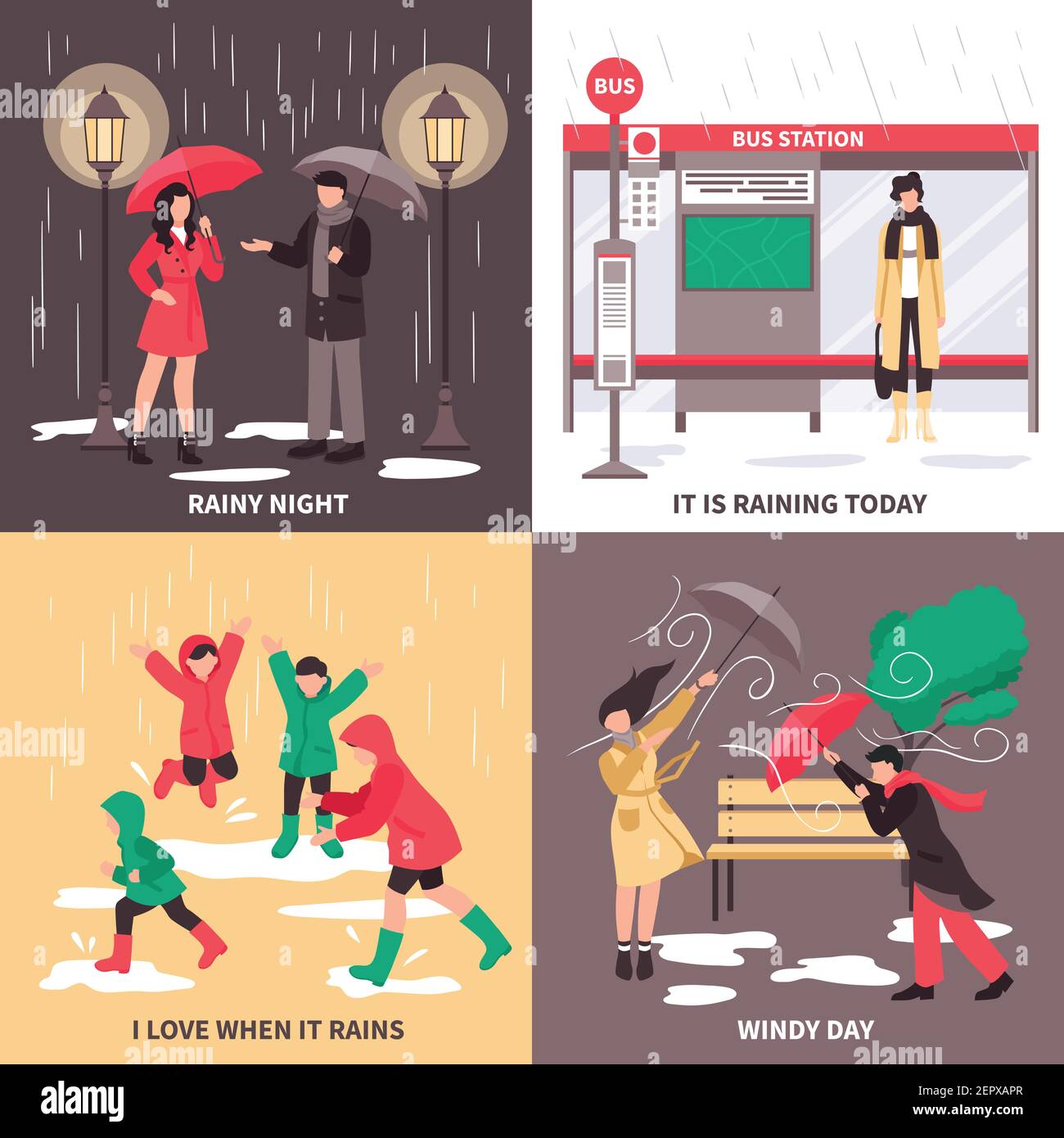 Icônes de concept de mauvais temps avec des gens dans la rue symboles illustration vectorielle isolée plate Illustration de Vecteur