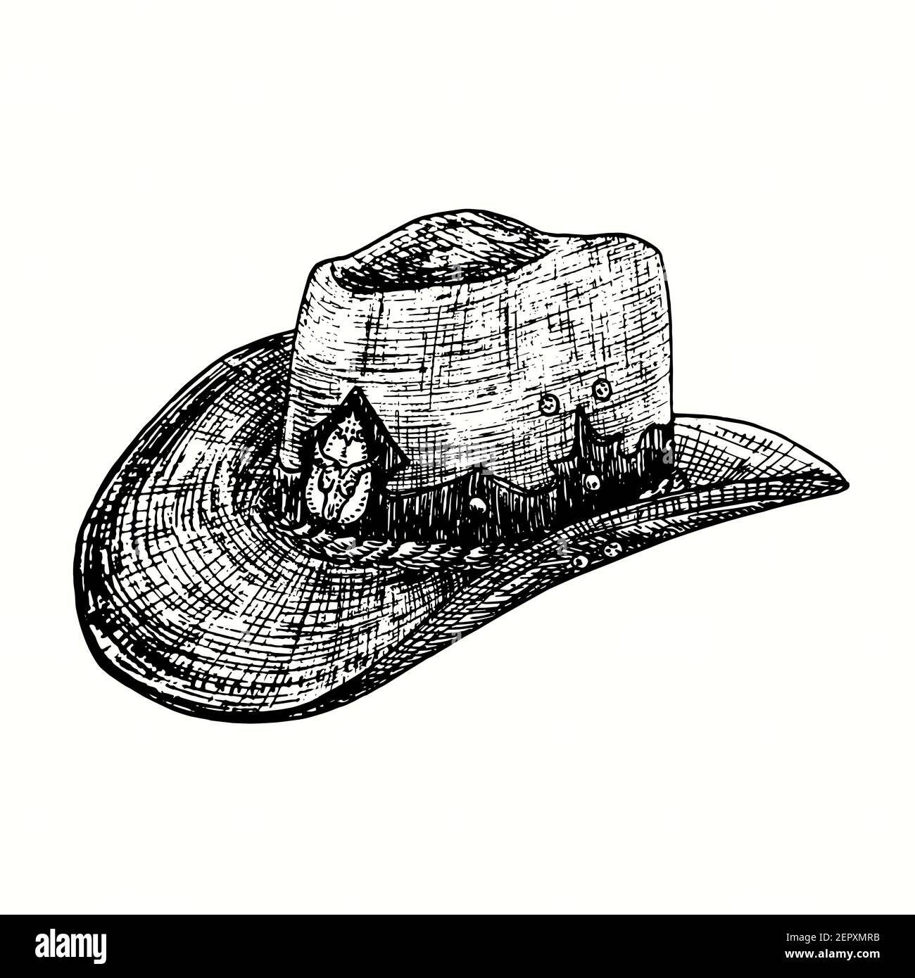 Chapeau de cow-boy vintage dessiné à la main avec crâne de taureau. Illustration de dessin noir et blanc Banque D'Images