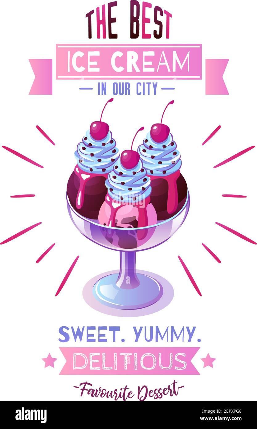 Affiche publicitaire sur les desserts préférés des cafés à la crème glacée avec un délicieux chocolat illustration vectorielle de boules de fraise à la vanille couverte Illustration de Vecteur
