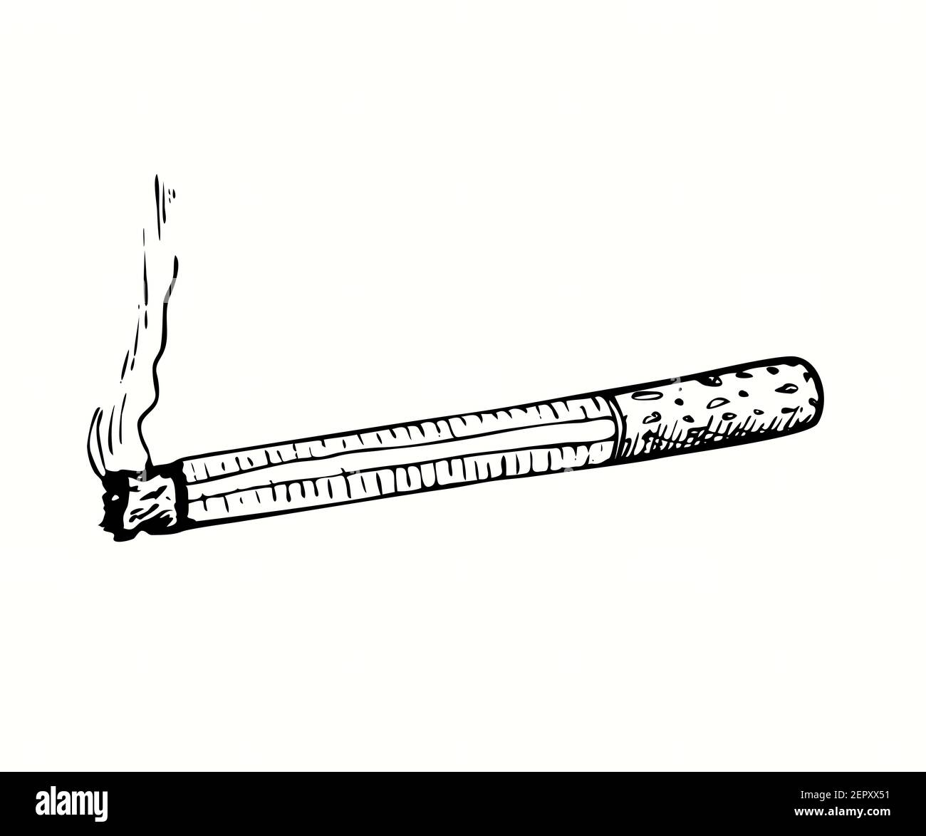 Cigarette tirée à la main avec lignes de fumée.Dessin noir et blanc. Banque D'Images