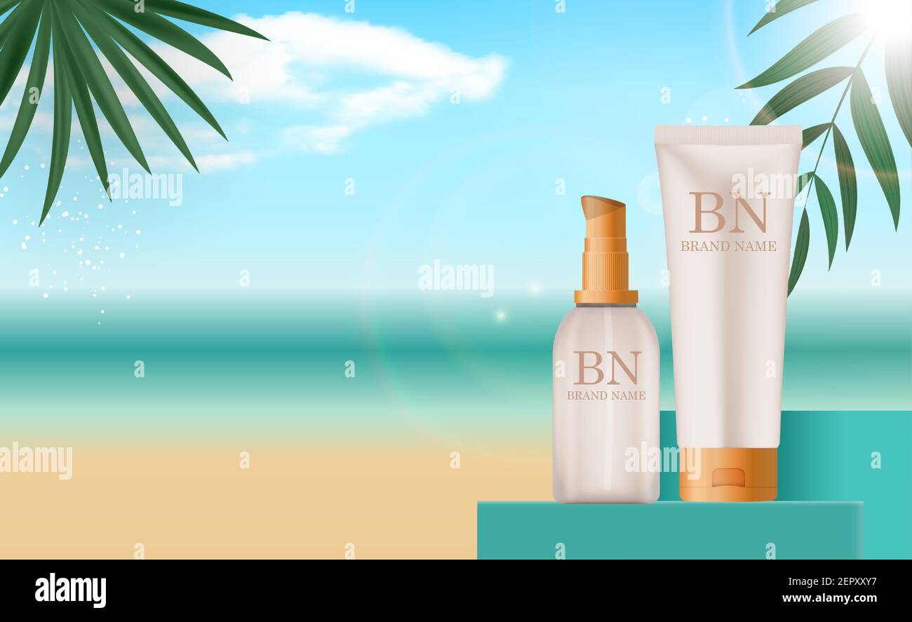 3D réaliste soleil protection crème ensemble de bouteille sur fond de mer d'été, feuilles de palmier. Modèle de conception des produits cosmétiques de mode. Illustration vectorielle Illustration de Vecteur
