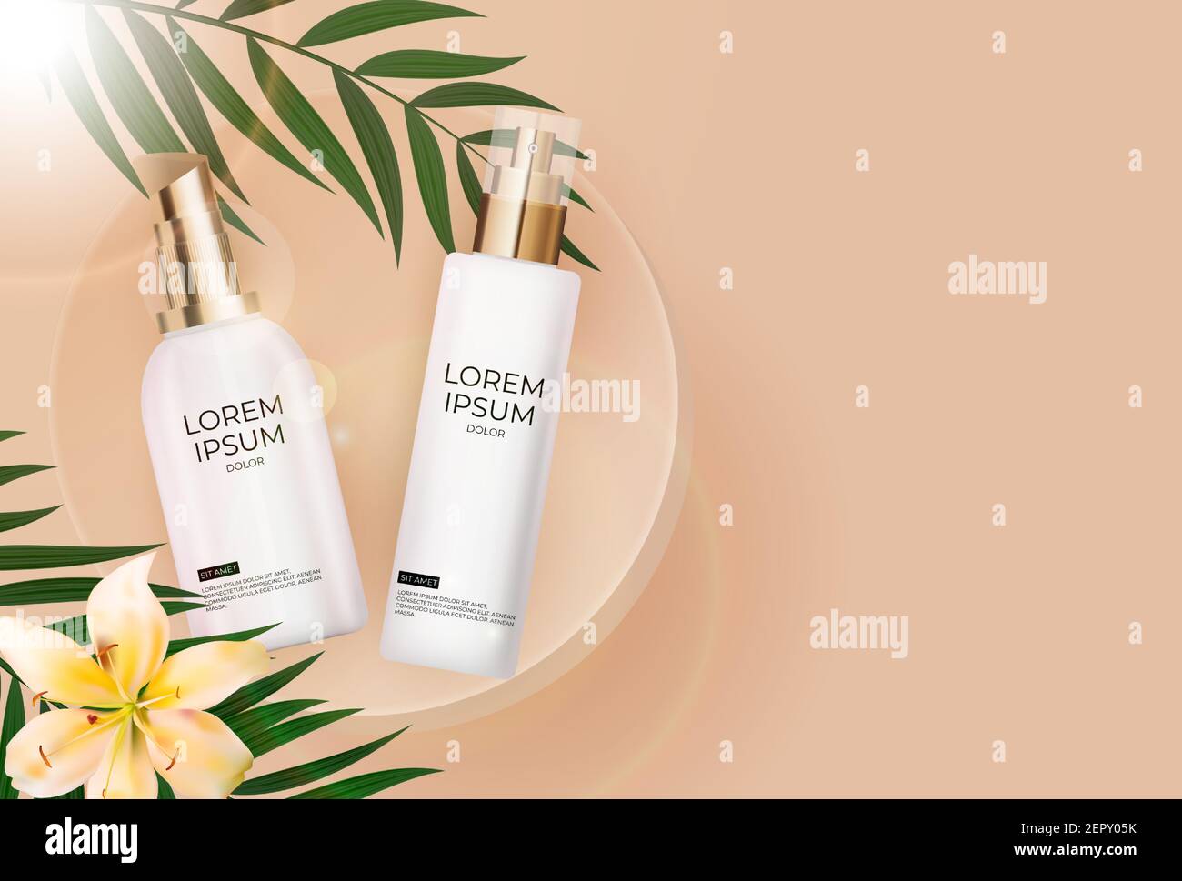 3D Realistic Sun protection bouteille de crème sur fond beige avec feuilles de palmier, fleur de lilly et podium. Modèle de conception des produits cosmétiques de mode. Illustration de Vecteur