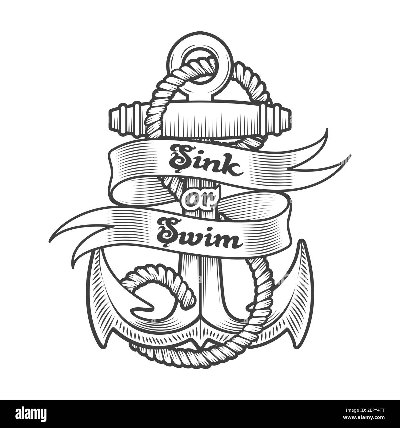 Emblème nautique d'ancrage et libellé Sink ou Swim dessiné dans le style Tattoo isolé sur blanc. Illustration vectorielle Illustration de Vecteur