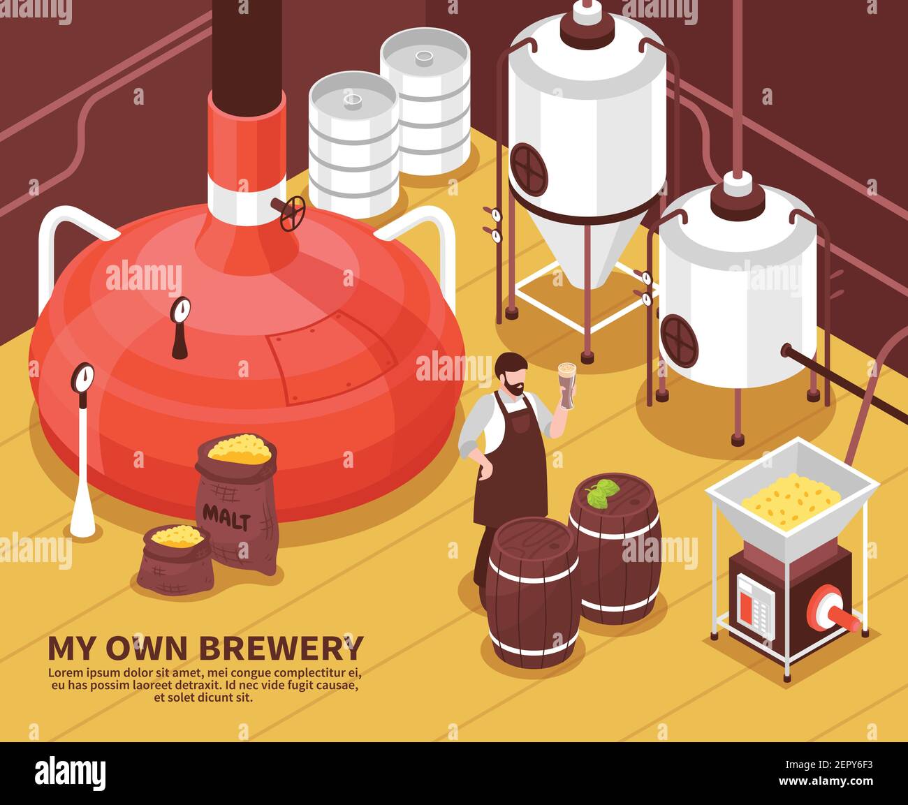 Brasserie à un seul homme avec des sacs d'orge malting chauffage matériel de fermentation et l'illustration vectorielle isométrique fière de son propriétaire Illustration de Vecteur