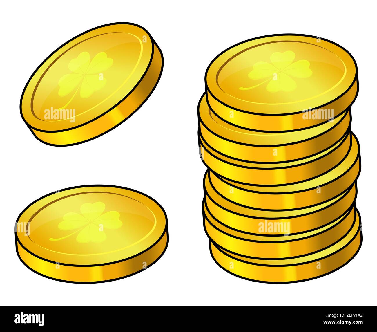 Pièce de monnaie avec icône de trèfle. Ensemble argent or avec 4 feuilles de shamrock. Idéal pour le design de la fête St patrick. Illustration de dessin animé vectoriel isolée sur bac blanc Illustration de Vecteur