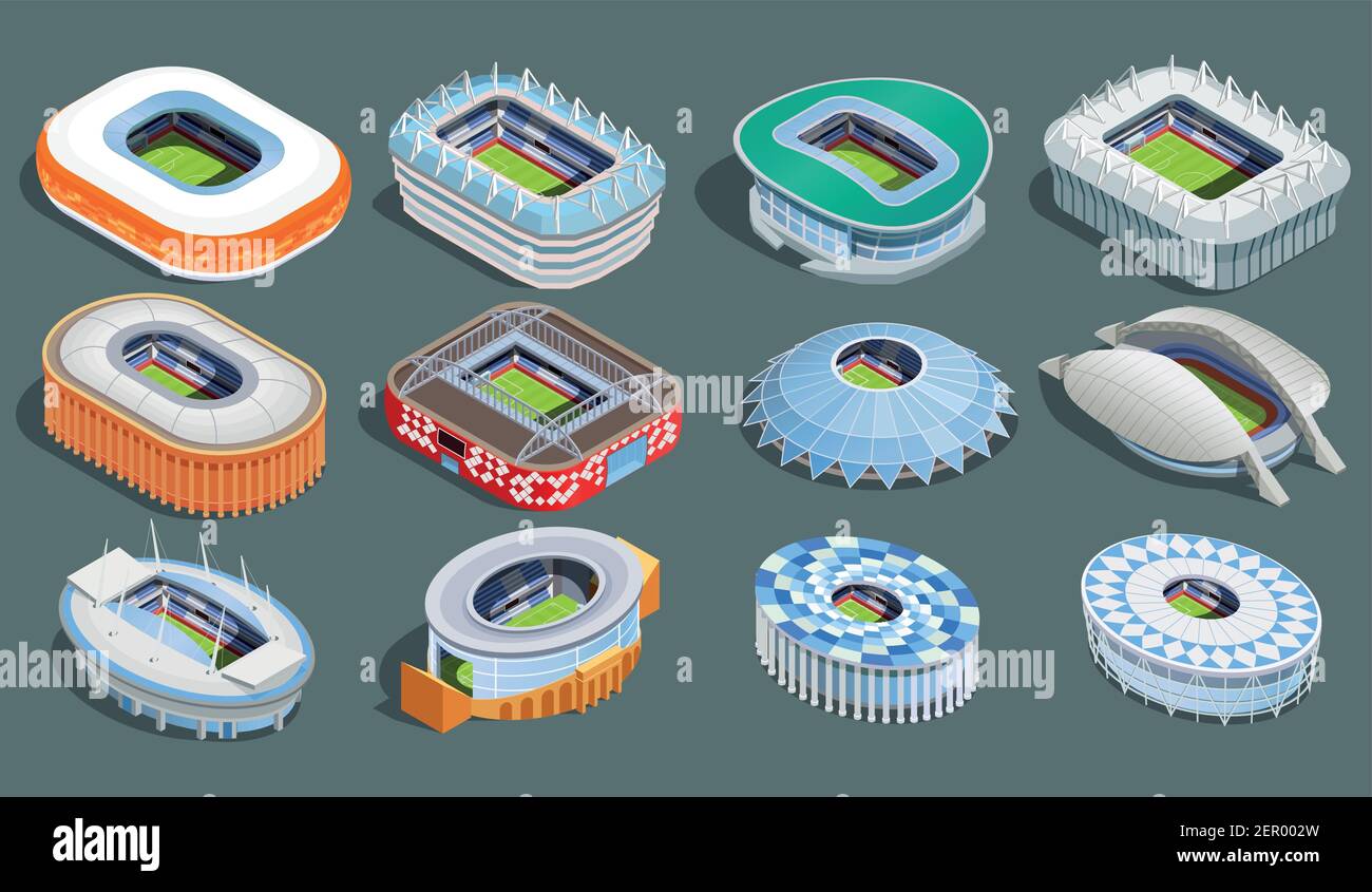 Russie juin 2018. Icônes isométriques de la coupe de football avec des stades en Russie symboles illustration vectorielle isolée Illustration de Vecteur