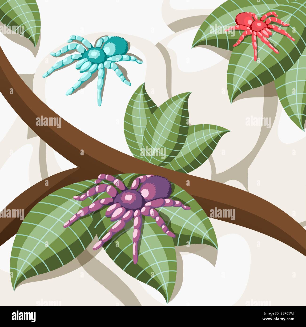 Arrière-plan isométrique d'insecte exotique avec araignées colorées assises sur tropique illustration vectorielle représentant un arbre Illustration de Vecteur