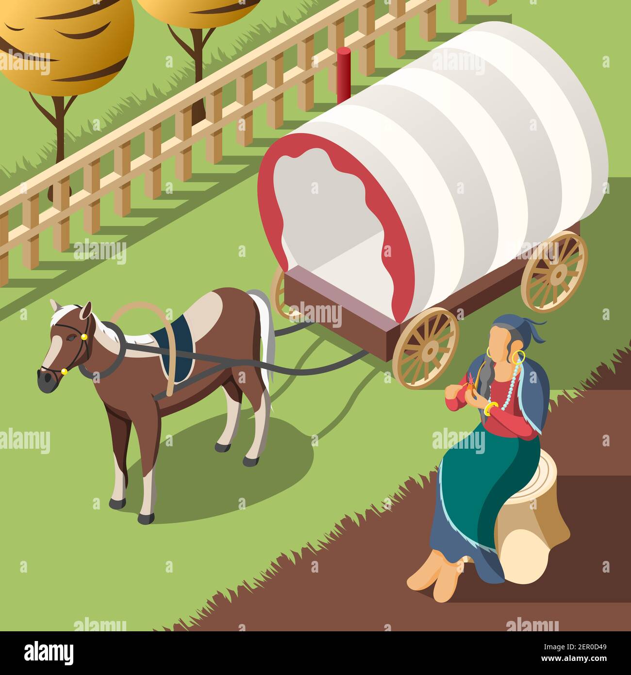 Arrière-plan isométrique de la douane tzigane avec cheval attaché à chariot et romany femme assise sur une illustration de vecteur souche Illustration de Vecteur
