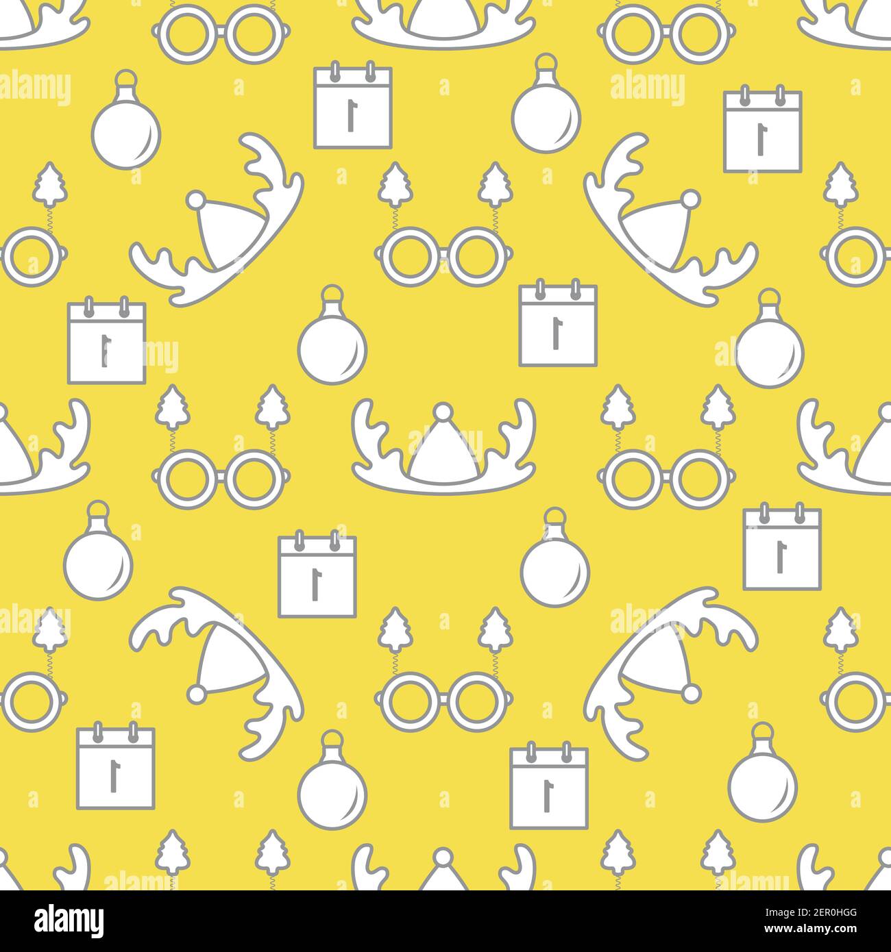 Bonne année, joyeux Noël scénario vectoriel sans couture avec cornes de cerfs, boule de Noël, calendrier, verres avec arbres de Noël. Fête mascarade Retour Illustration de Vecteur