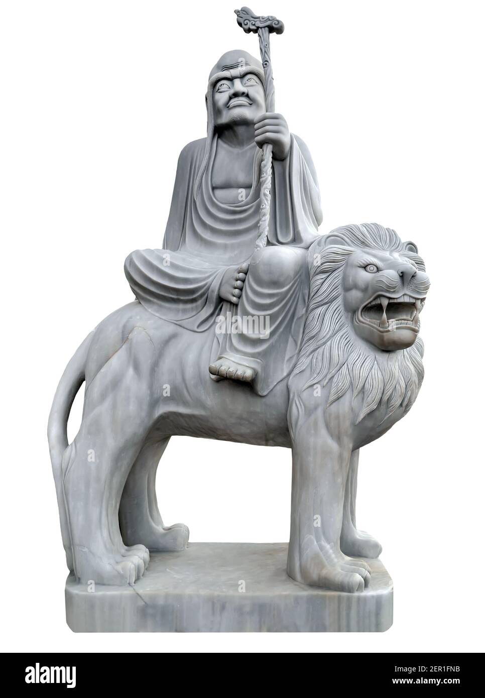 Lion chinois Pierre statue de sculpture Temple gardien dix-huit Arhats Monk Bouddhic Lohan Sculpture marbre isolé sur blanc Banque D'Images