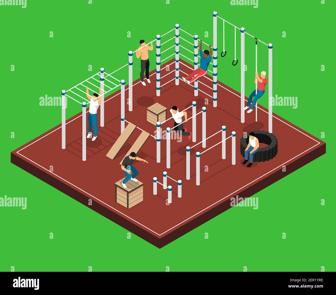 Terrain de sport sur fond vert avec des hommes sur divers sports illustration vectorielle isométrique des installations pendant l'entraînement Illustration de Vecteur