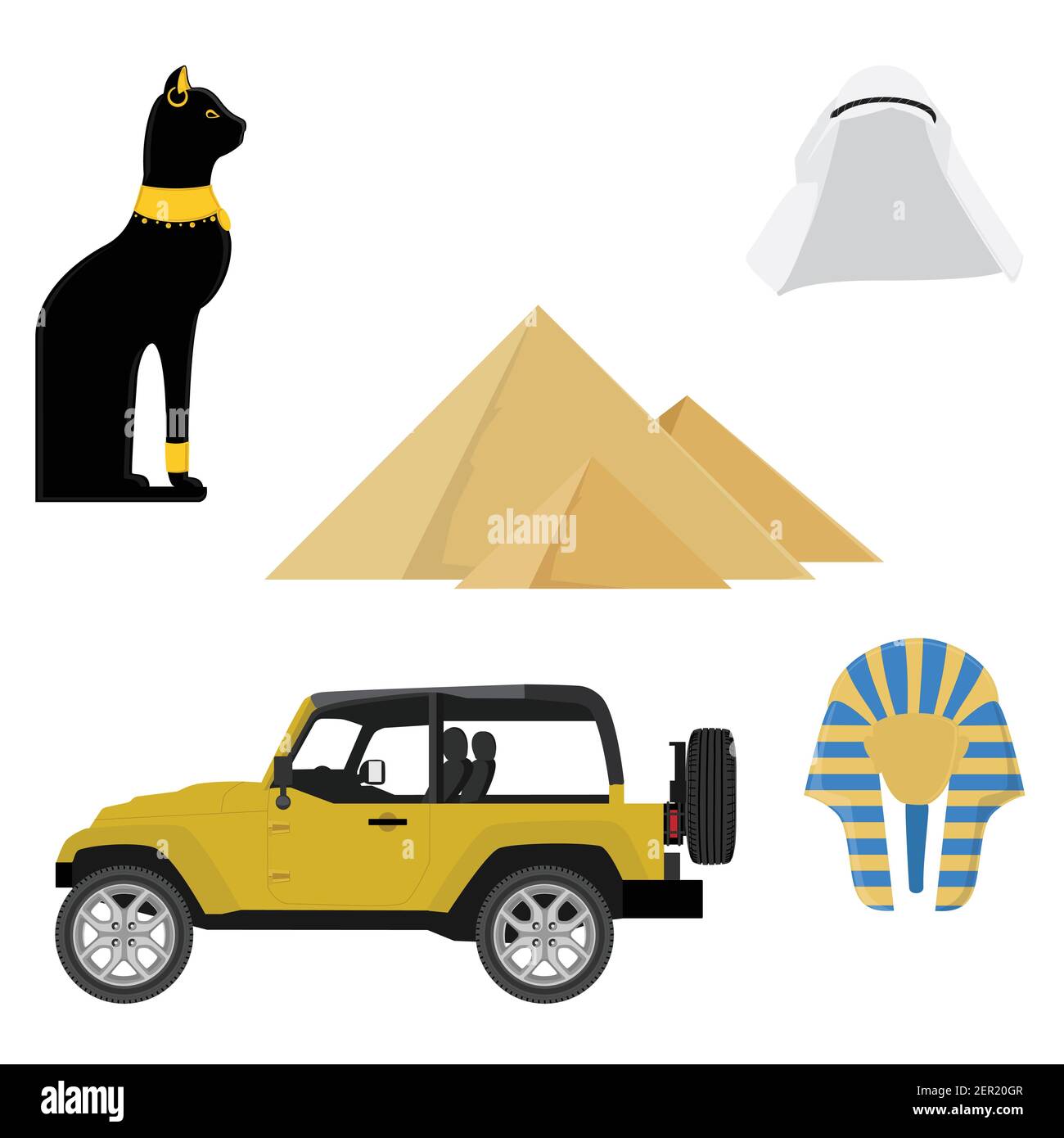 Icônes de l'Égypte. Collection d'icônes de l'Égypte ancienne avec la pyramide de Giza, voiture de jeep, chat d'egypte, chapeau arabe et masque d'or de l'egypte pharaoh Illustration de Vecteur