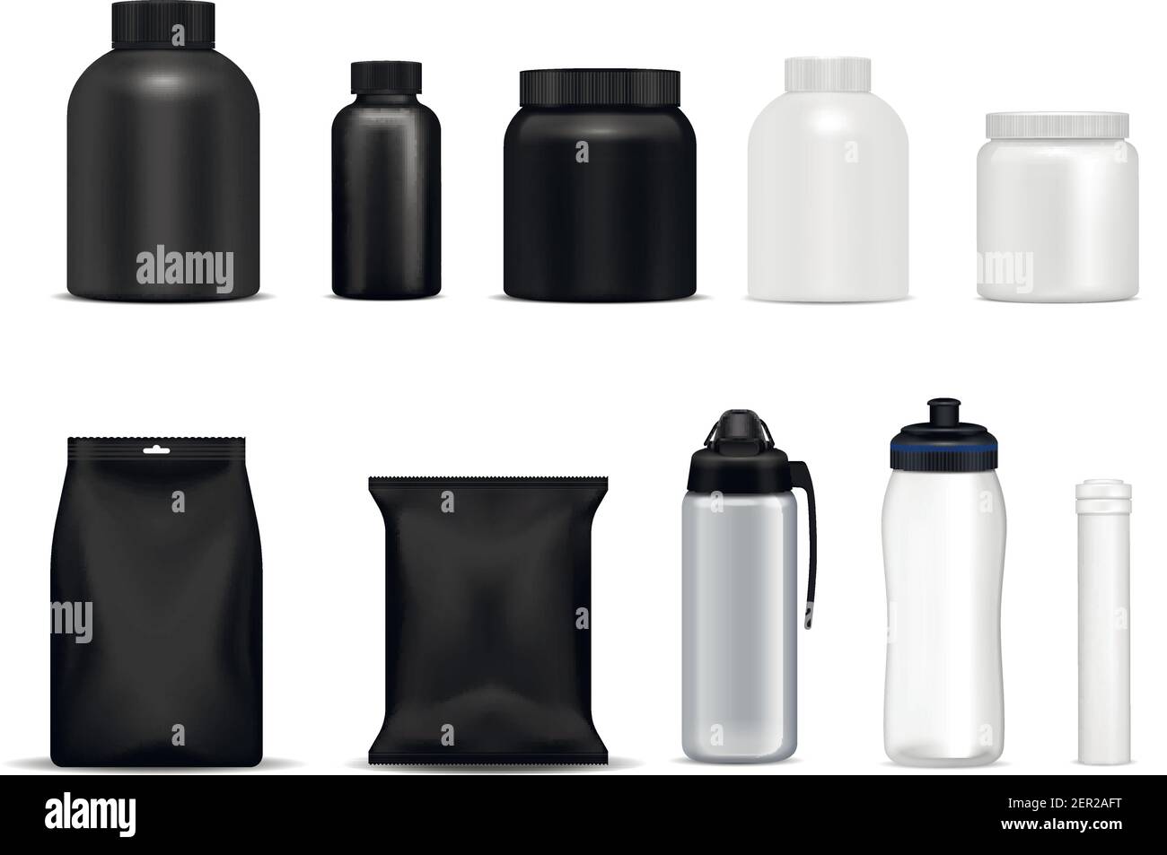 Conditionnement physique bouteilles de boisson sport nutrition récipients de protéines paquets noir blanc illustration de vecteur métallique en plastique réaliste avec ensemble isolé Illustration de Vecteur