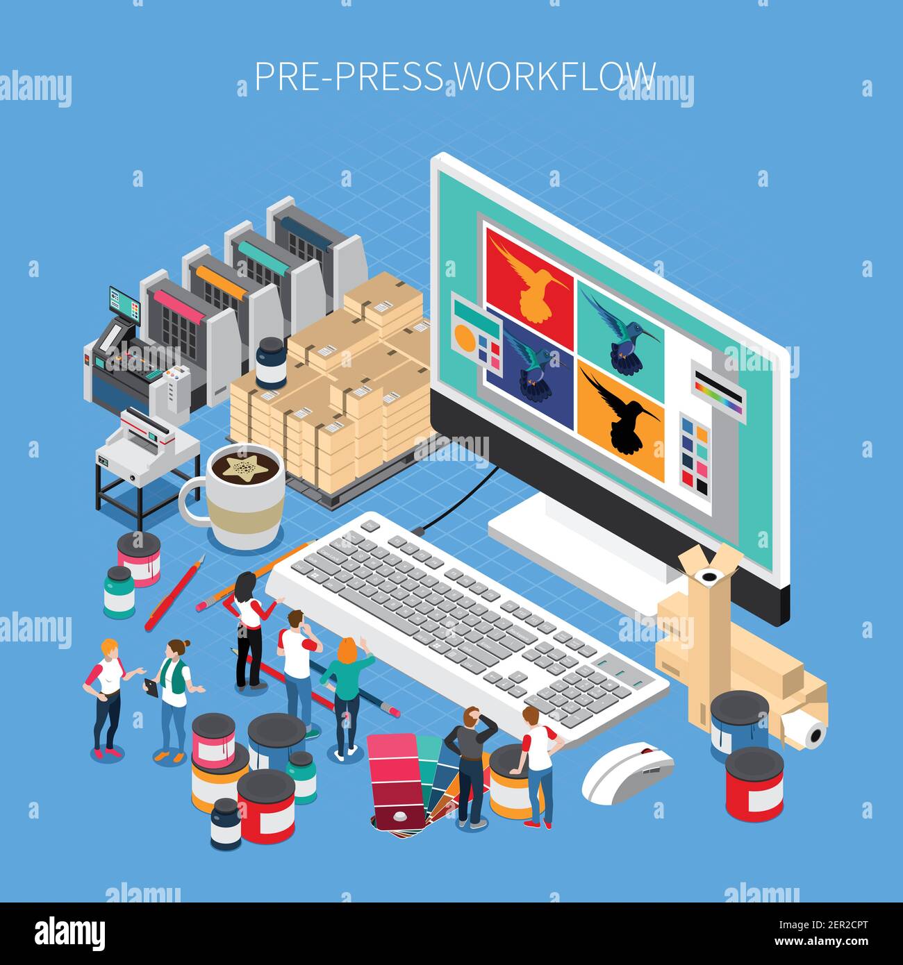 Composition isométrique de la maison d'impression avec logiciel de flux de production prépresse numérique sur le moniteur de l'ordinateur de bureau Illustration de Vecteur