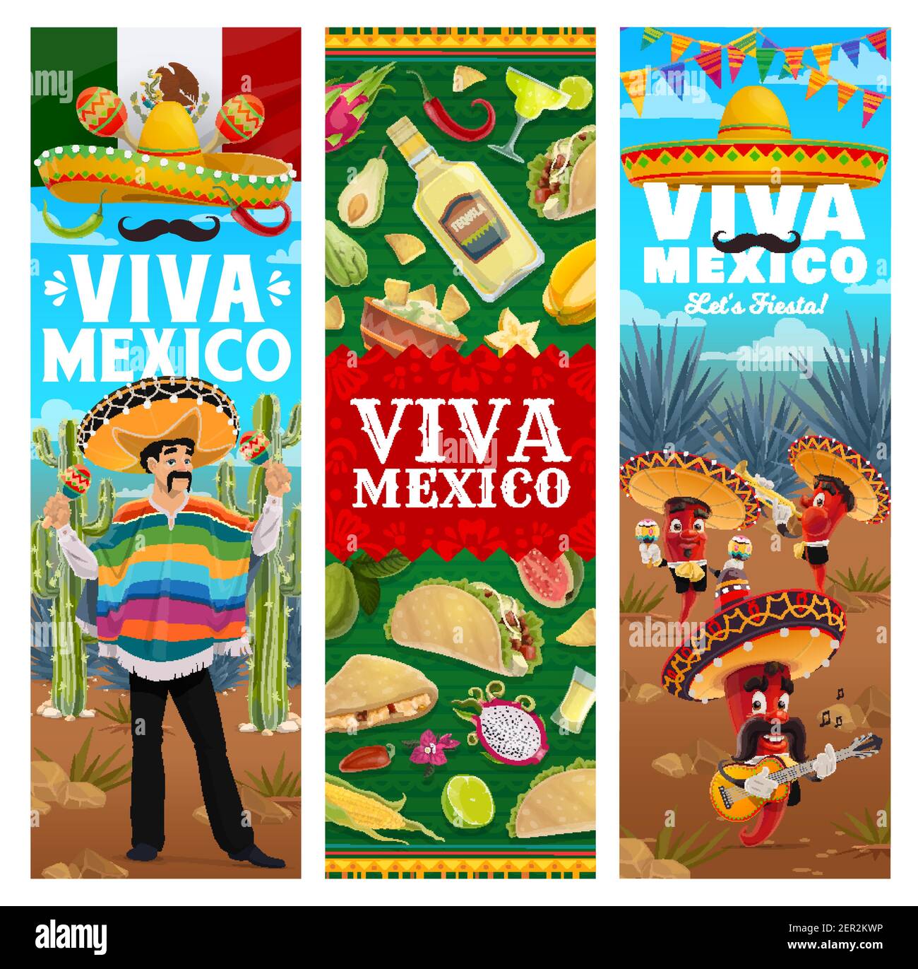 Viva Mexico vecteur jalapeno Chili poivre musiciens groupe dans sombrero jouant de la musique. Guacamole et nachos de cuisine mexicaine, maïs avec tacos et tequila. IND Illustration de Vecteur