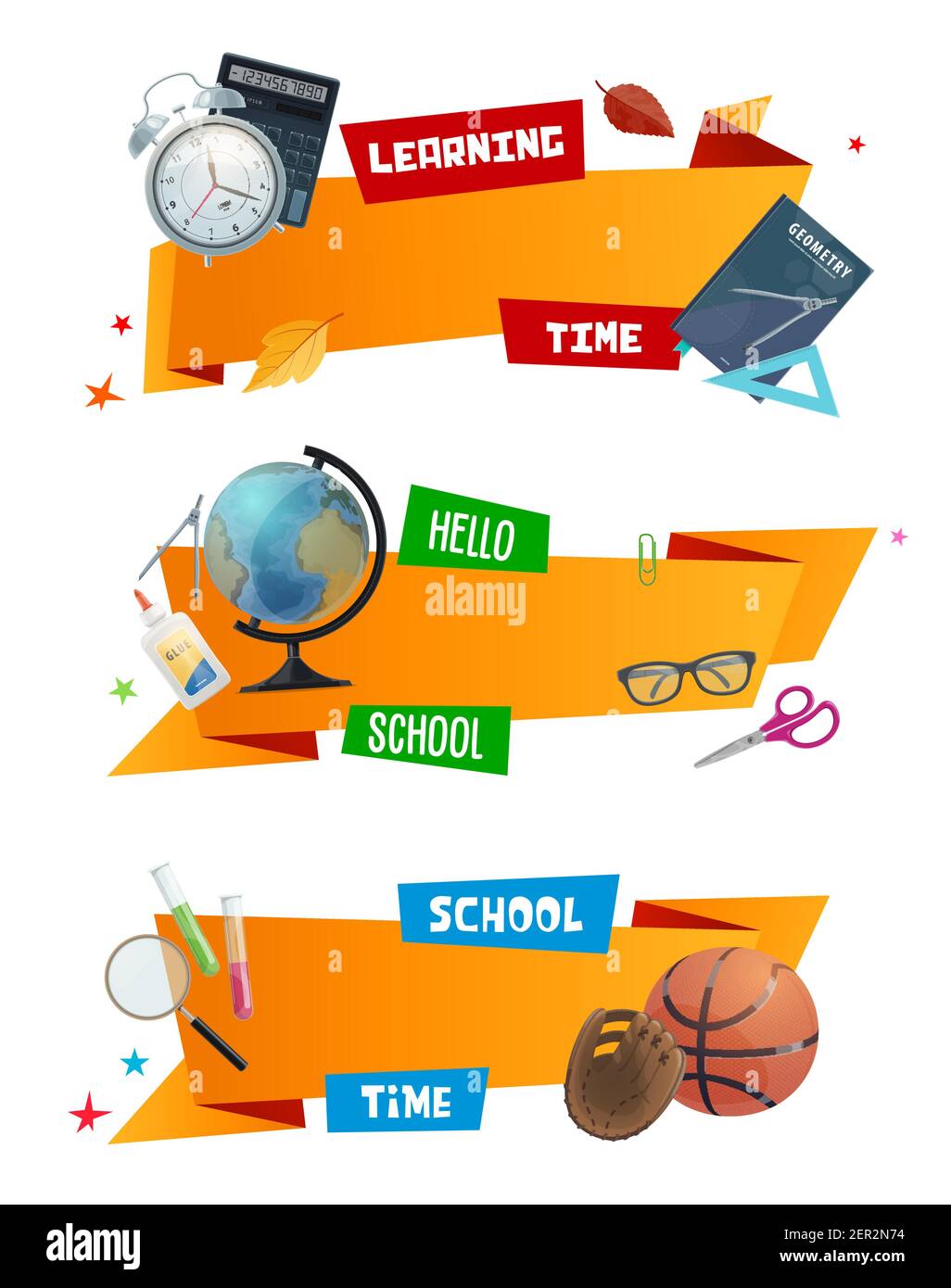 Fournitures scolaires bannières de ruban, éducation vectorielle. Livre d'étudiant, ciseaux, globe et calculatrice, tubes chimiques, verres, règle, colle et réveil, Illustration de Vecteur