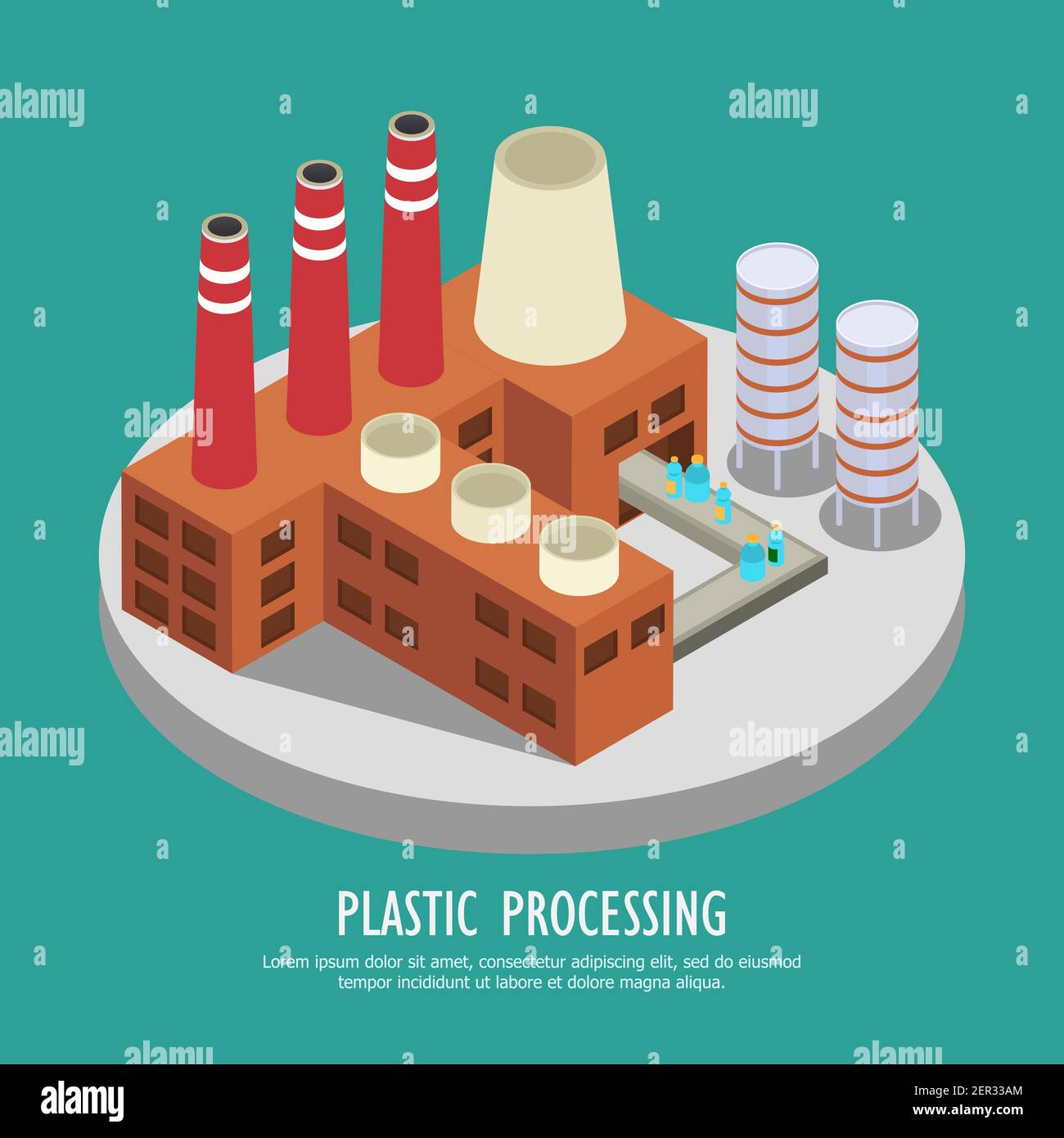 Arrière-plan isométrique en plastique drastique avec des images de la construction d'usine et illustration des bouteilles d'eau sur un vecteur de bande continu Illustration de Vecteur